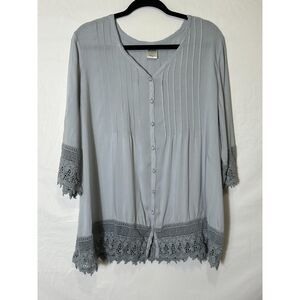 Blair Women's BOHO Button Up Deep V-Neck Pleated Lace Trimmed Tunic Top Size XL